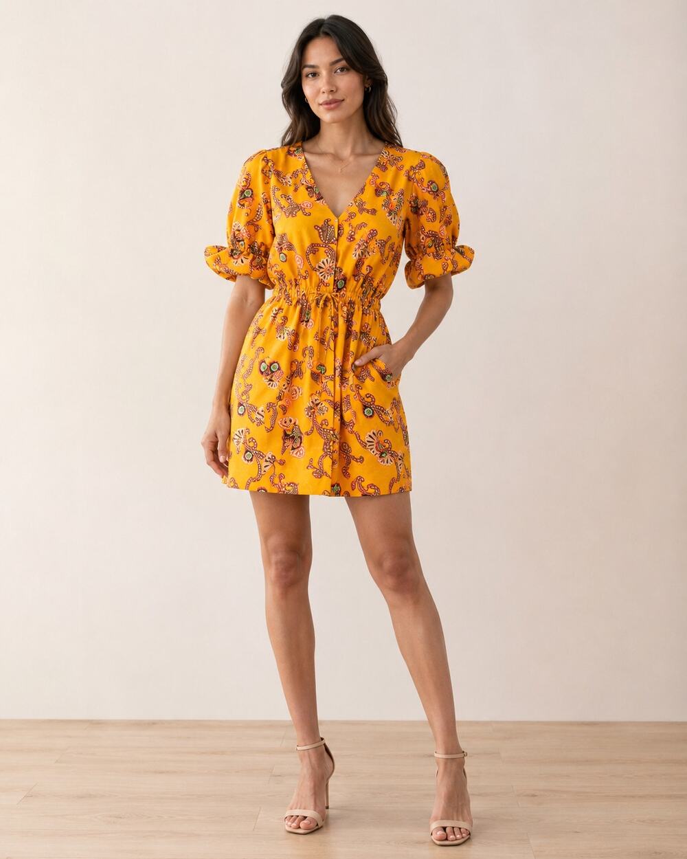 A.L.C. Yellow Mini Dress 0 XS Paisley Mini Puff Sleeves Drawstring Waist Pockets
